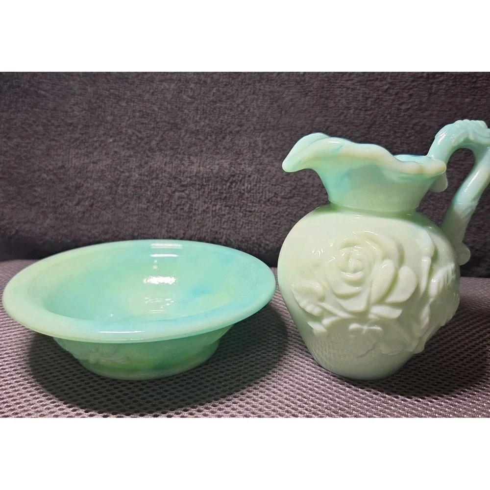 Vintage Avon Jadeite Green Swirl Milk Glass Rose Mini Bowl and Pitcher Set 1976